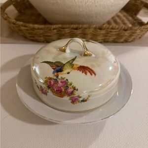 Vintage Hummingbird Butter Dish w/ Lid | Floral Porcelain Covered Dish